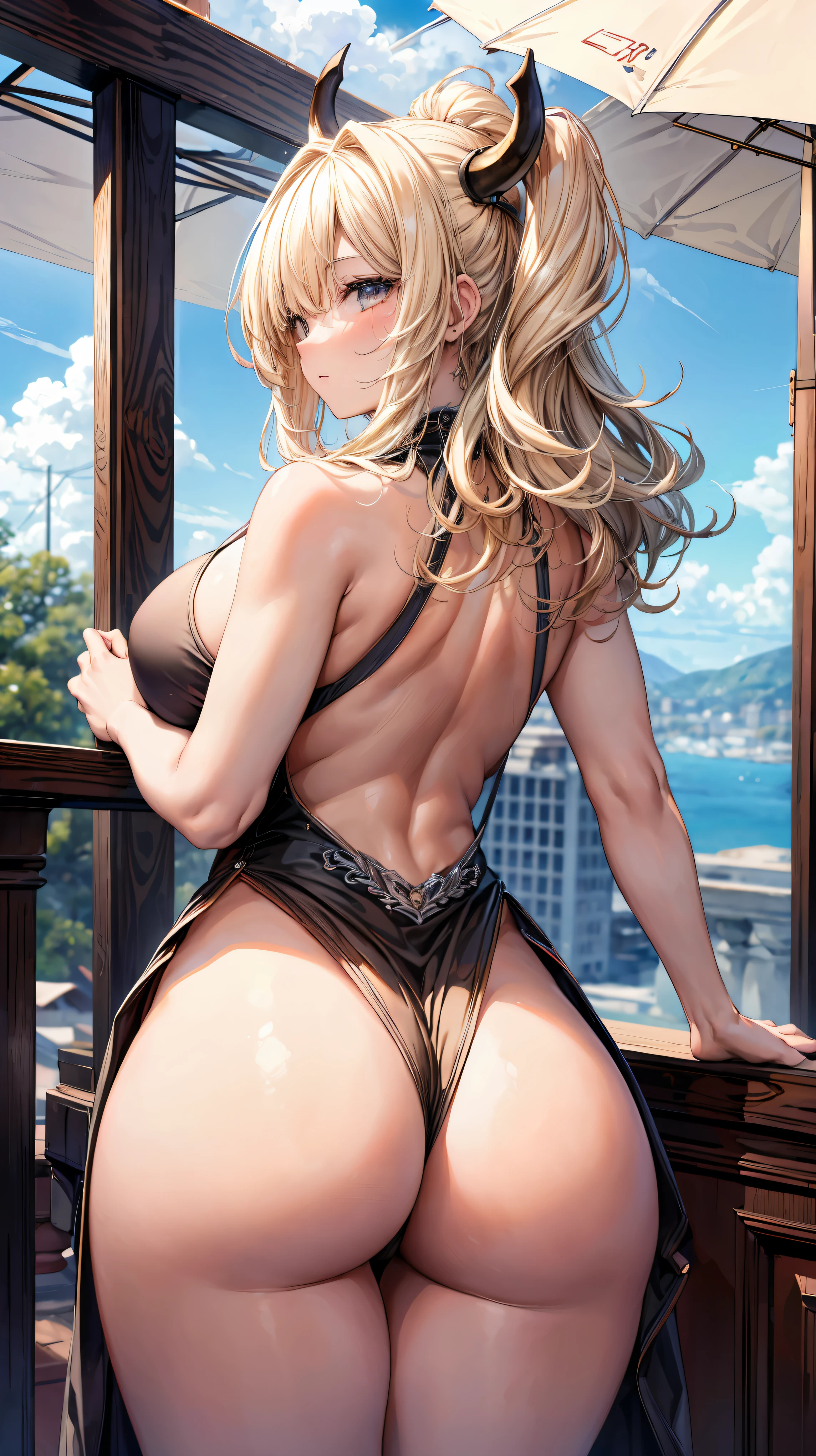 ultra-detailed、highest quality、Highest image quality、master piece、8K、blonde curly hair、(SFW huge body)、(((Rear view)))、cowboy shot