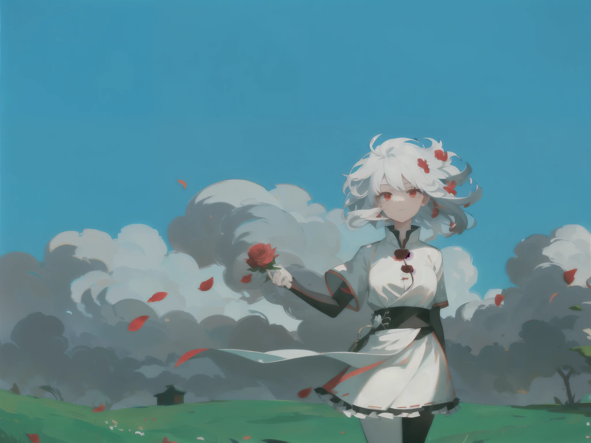 Short white hair blowing in the wind，glowing red eyes，手持Red rose，Petals spilled，Red rose，masterpiece，Clouds around