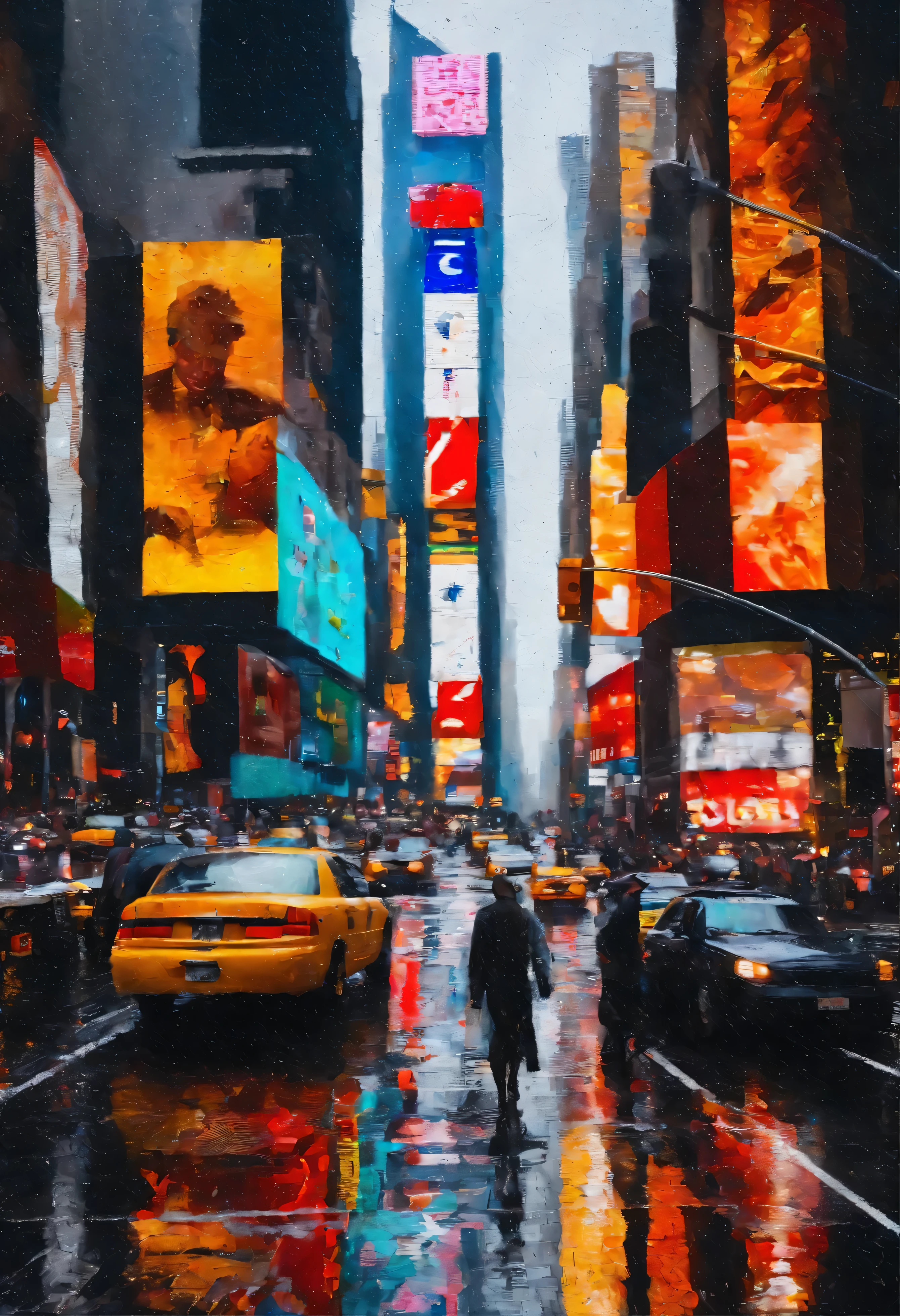 rainy day in times square , new york city. city life. traffic, people. busy intersection. rain and reflections of wet road