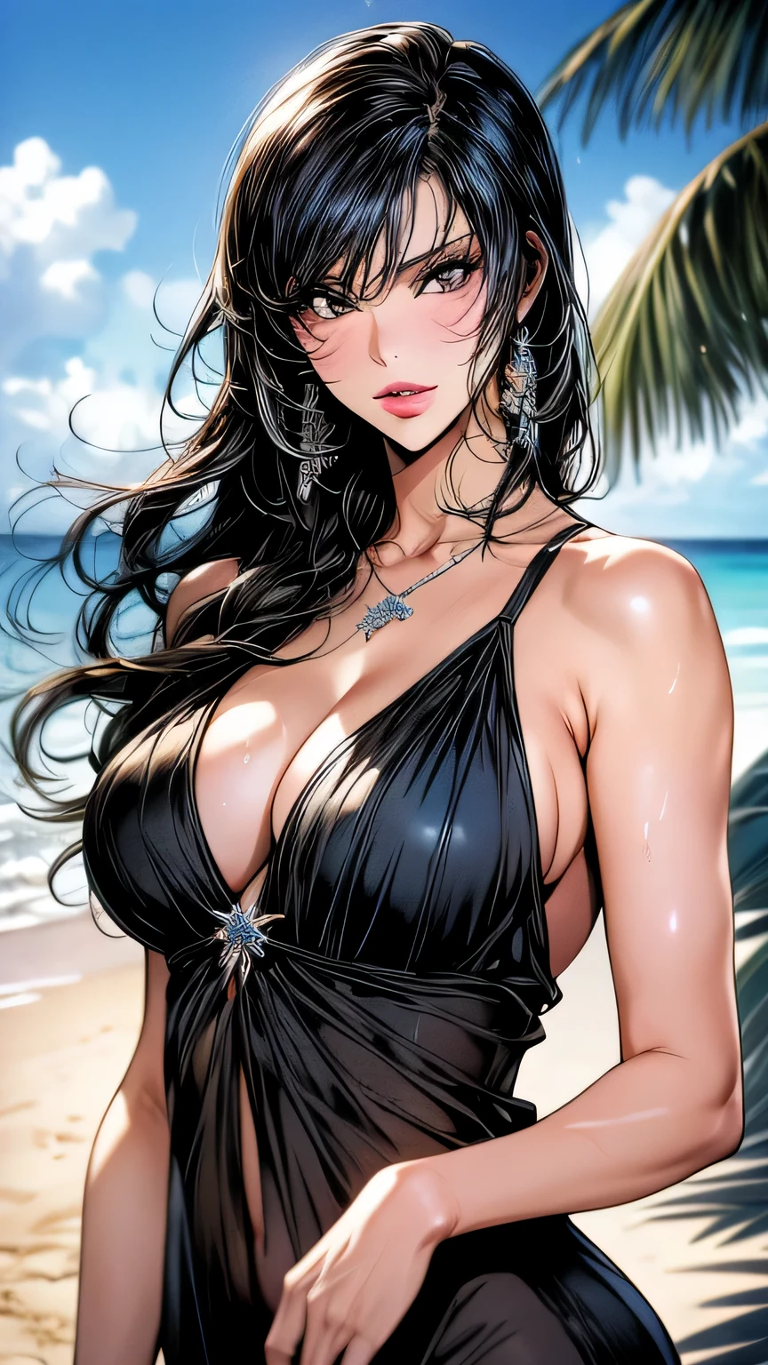 1 girl (masterpiece:1.2) (be familiar with:1.2) (highest quality:1.1) (shiny hair) (shiny skin), Nico Robin V2, movie lighting, (wet skin, wet hair, big:1.2), big, (beach, Palm tree), beach, clear water,(blue sky, Cumulonimbus cloud),(Smooth),(hibiscus),laughter, black eye, one piece, Nico Robin, Huge_chest, ~ ~ side、masterpiece、highest quality、super fine、High resolution、be very familiar with写真、(natural skin texture、fine skin、hyper realism、Super sharpness)、high detail skin、(be very familiar with、fine skin texture、intricate details、one piece swimsuit、sexy