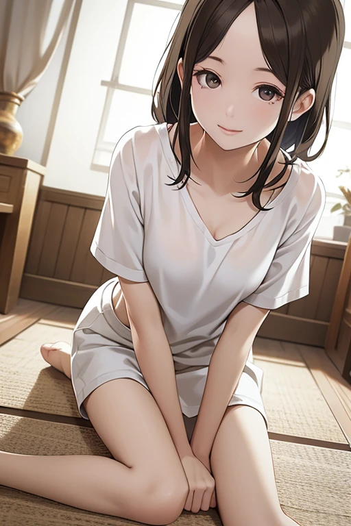 Masterpiece, High resolution, High-definition CG Unity 8K,realistic,(1 girl),(medium breasts:0.7),medium,(black eye),black hair,(forehead),(white T-shirt),room,sit on the floor, looking at viewer,(white T-shirt),naughty smile
