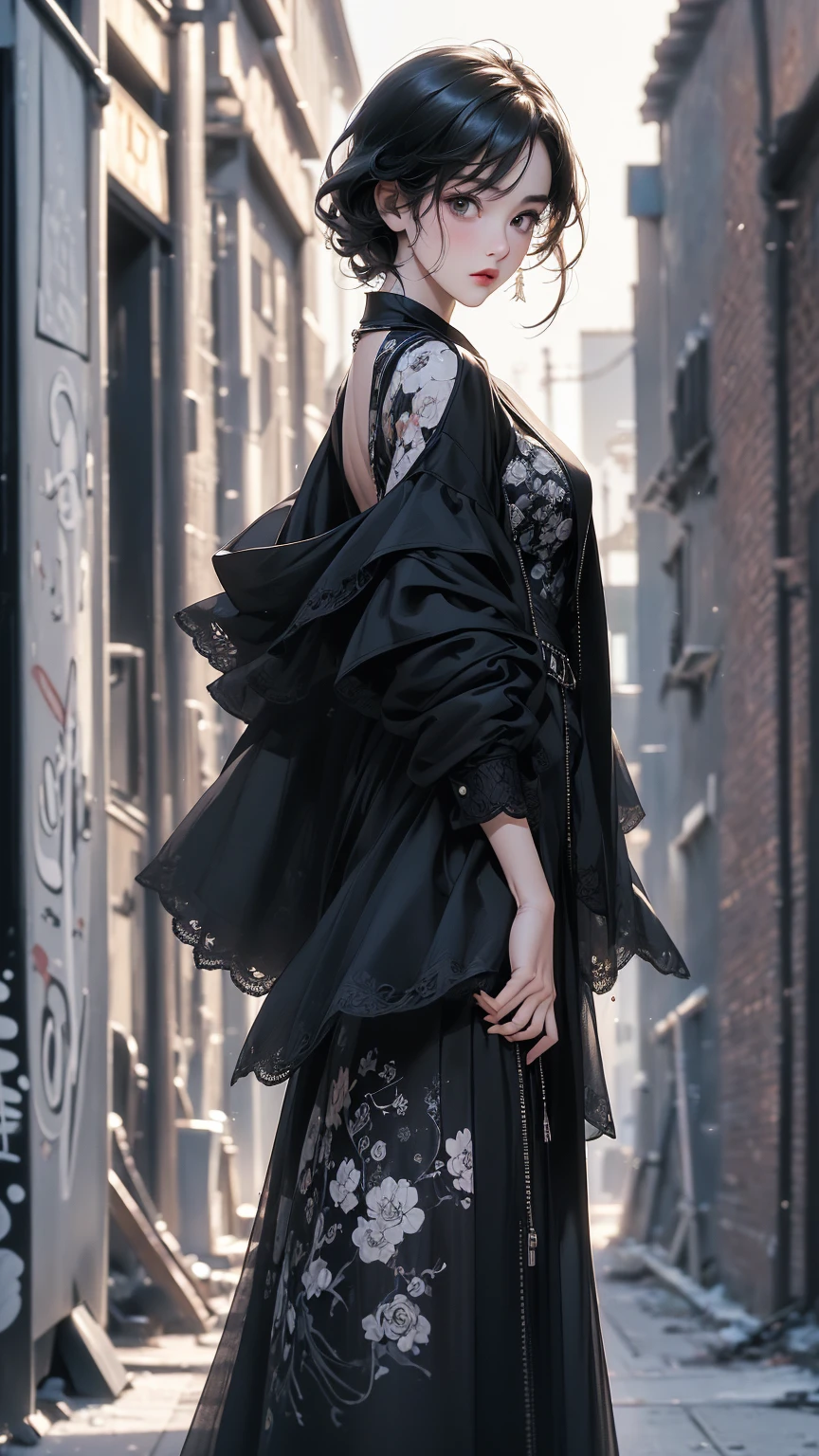 ((Highly detailed CG unit 8k wallpaper, masterpiece, High resolution, highest quality, highest qualityのリアルテクスチャスキン)), ((Hands in pockets pose:1.5, fashion model pose:1.2, Angle from above:1.2, 2 of the whole body/Composition 3:1.5, A cool NY fashion girl influenced by nostalgic and inorganic mode fashion., detailed costume:1.2, Coordination of black lace layered maxi skirt and jacket:1.3, Monotone fashion, Asymmetrical short hair, Nana Komatsu)), ((blurred background:1.2, An empty back alley in New York where black and white graffiti art shines:1.2)), hyper realistic, digital painting, concept art,