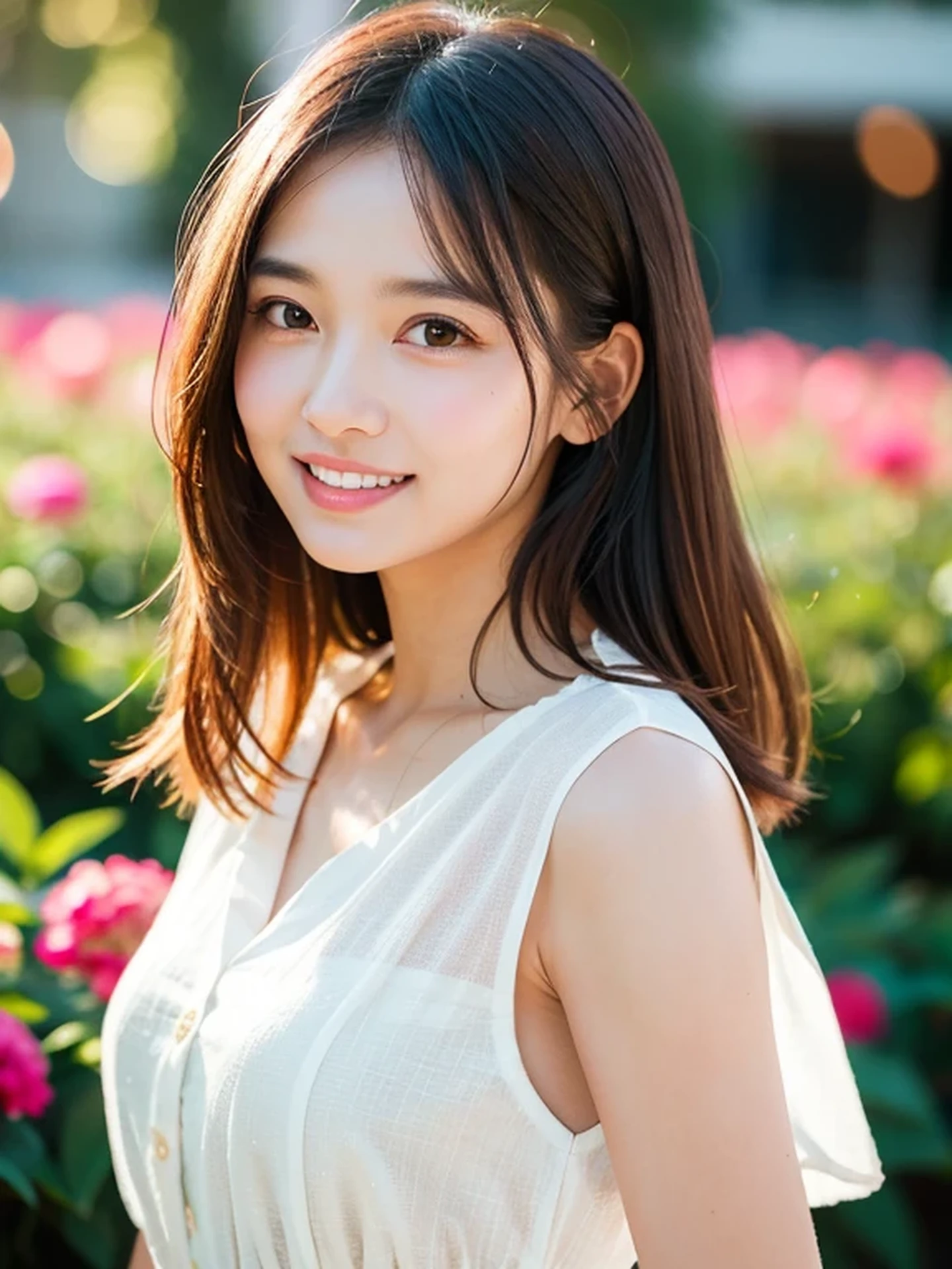 masterpiece, Best Quality, Raw photo, 8K, ultra-detailed face, 1girl, Beautiful detailed skin, backlight, soft light, bashful, (shoot from front:1.2), smile, Luminescent, Anatomically correct, Medium hair swaying in the wind, Eyes and faces with detailed, Textured skin, Professional Photography, Bokeh, Portrait, Professional Lighting, Solo, Cute, Girly, Film grain, silk dress shirt, flower garden