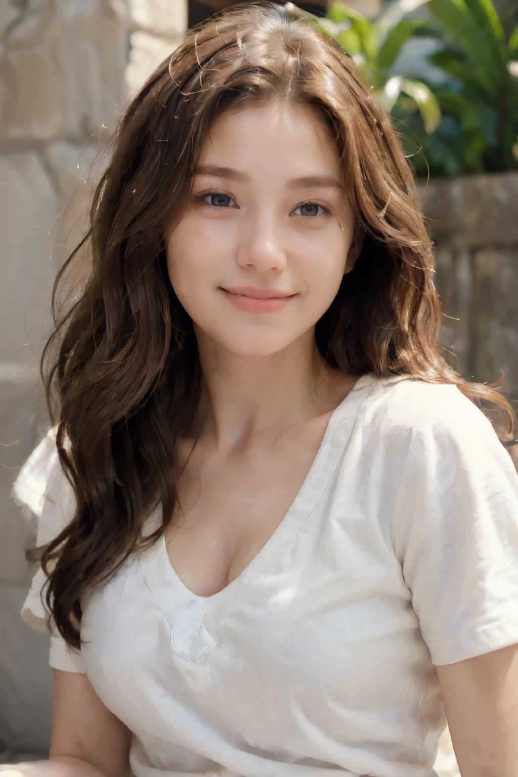 (best quality,high resolution,masterpiece:1.3),a beautiful girl,smiling to camera,long dark brown hair,loose waves,Big ,V-neck white shirt,Details on faces and skin textures are beautifully rendered,charming eyes,double eyelids