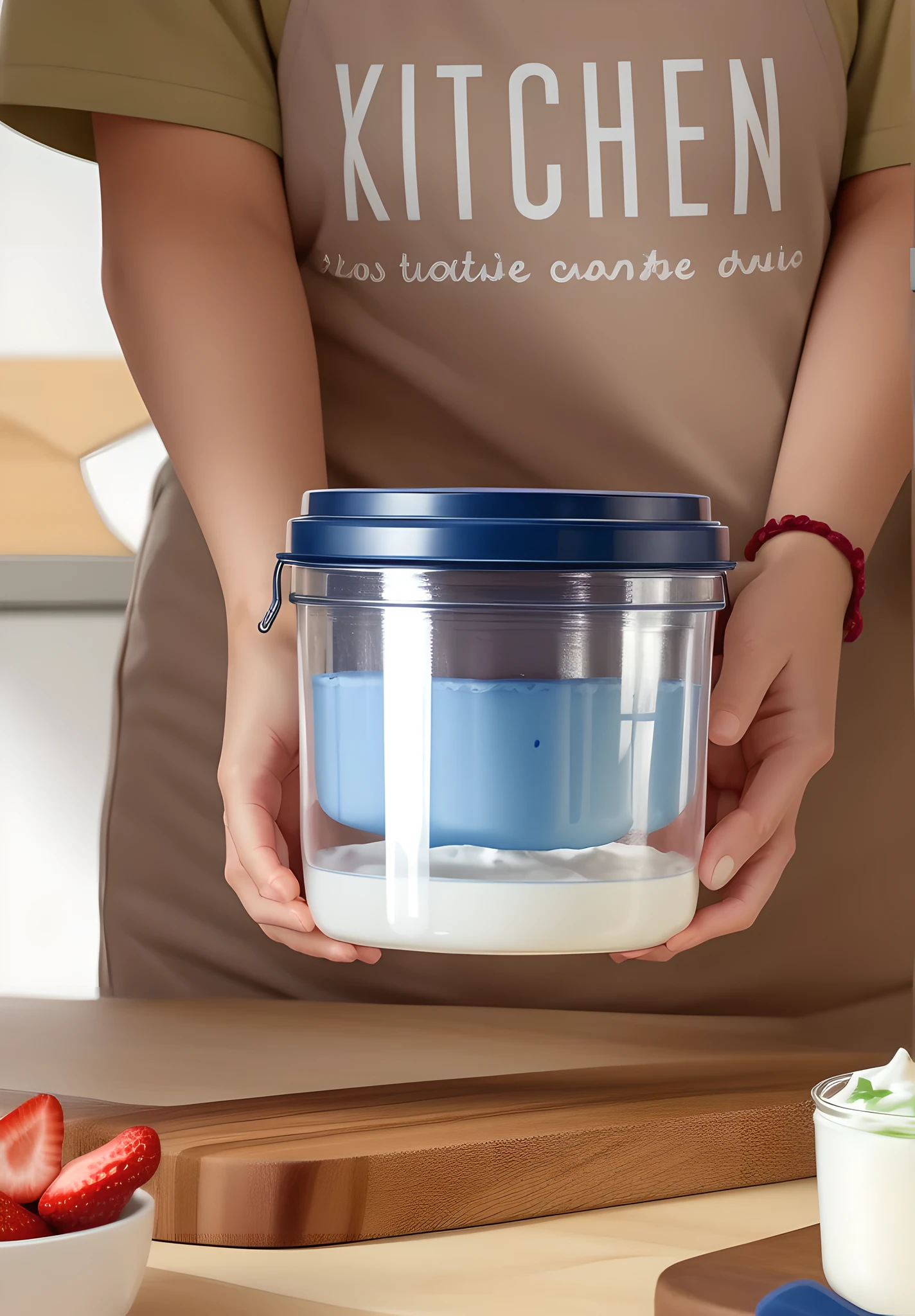 In this image, a clear plastic yogurt maker labeled "QUICK MIZUKIRI YOGURT" is placed on a wooden cutting board. The inside of the container was filled with a translucent liquid and a white solid. It was speculated that the liquid was water and the solid was yogurt. The container has a simple design, in clear and navy blue tones, and comes with an easy-open lid. The wooden cutting board is sturdy and has a dark brown natural wood grain. On one side of the cutting board is a small dollop of yogurt and a small wooden spoon. The background is blurred, showing sliced strawberries and an empty bowl on the table. The overall tone is warm, the light is natural, and the composition is balanced, conveying a comfortable feeling of home-made healthy food. This scene may also imply a simple, convenient and healthy lifestyle.