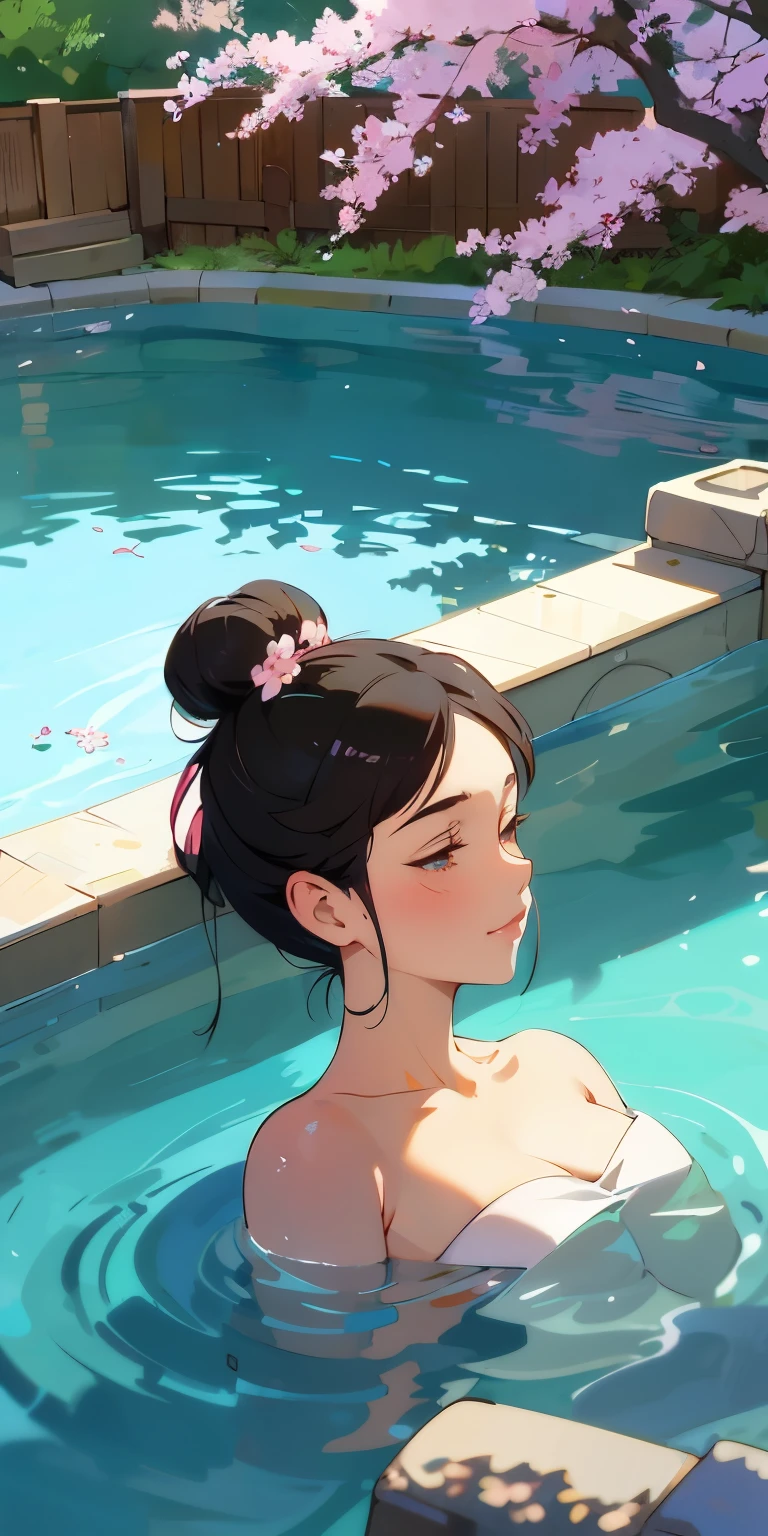 anime girl in a pool with cherry blossoms, artwork in the style of guweiz, guweiz, ilya kuvshinov. 4 k, artgerm and atey ghailan, ilya kuvshinov landscape, artstyle : ilya kuvshinov, digital art ilya kuvshinov, guweiz on artstation pixiv