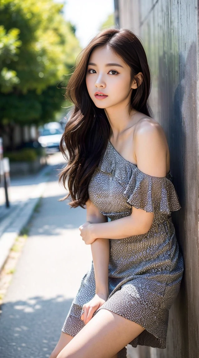 dark brown hair、light brown eyes、Japanese actress face、 lady、I&#39;Iは彼とIが好きです&#39;I&#39;Iは40歳くらいです.、(intricate details:1.2)、(which one is the top?:1.4)、 (ultra high resolution:1.2)、ultra high resolution、(finely tuned)、(detailed facial features)、nffsw、8K resolution、D cup size breasts、long hair、1 girl, A look of deep sadness, (Highly detailed beautiful face), (Relaxed and stylish dress :1.5),(bare shoulders:1.3), (highest quality:1.4), (Super detailed)、beautiful fair skin,  Angle from below、 Cross your arms in front of your body、Wrap your arms around your body.、open your mouth a little、Visible legs、Pose of Weakness、obscene pose、Street fashion、very sandals、cutout design、Are standing、leaning against the wall、