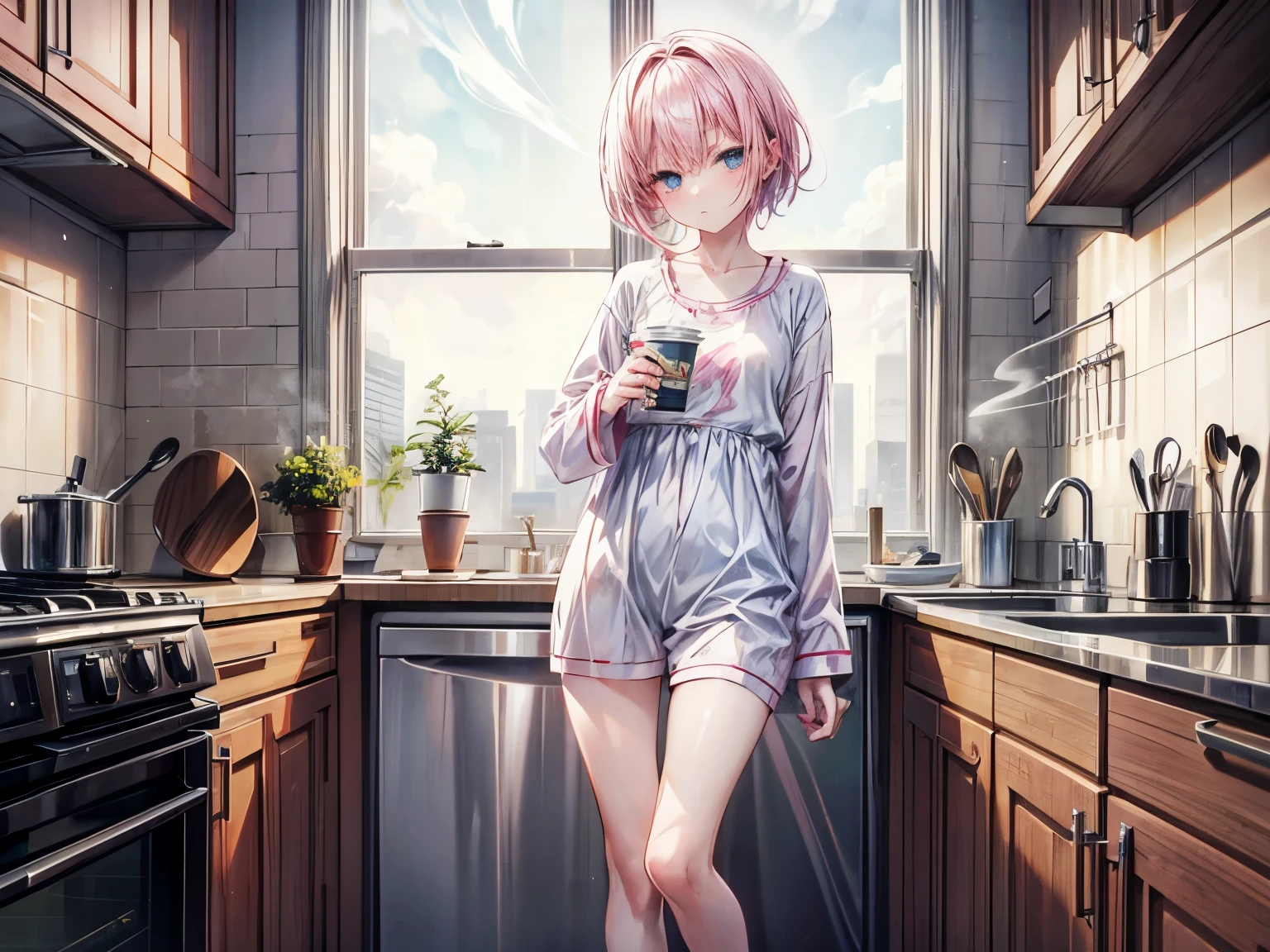 smoking girl, she has pink hair, she has short hair, light-blue eyes, she's a small girl, she has small legs, she's 20, she's wearing a pyjama, she's barefoot, she's in extase, she's enthousiast, she's straight haired, beautiful women, she has small hips, morning cigarette, morning coffee, morning time, kitchen, city buildings, more smoke,