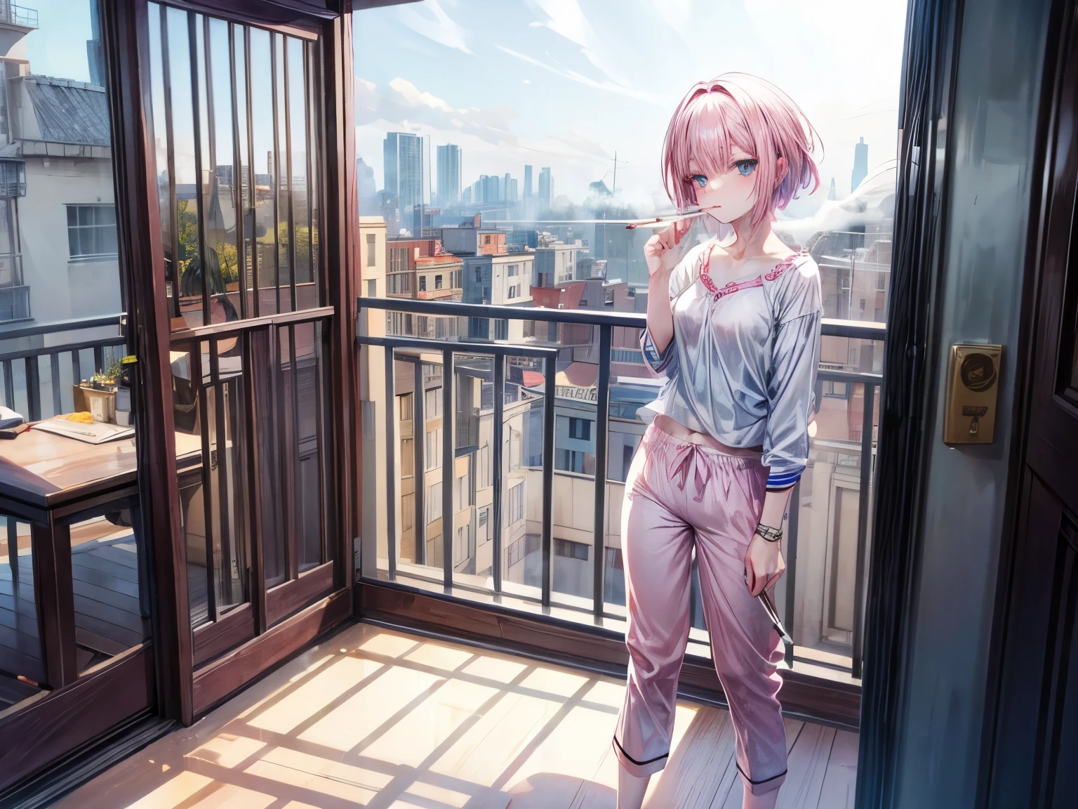smoking girl, she has pink hair, she has short hair, light-blue eyes, she's a small girl, she has small legs, she's 20, she's wearing a pyjama, she's barefoot, she's in extase, she's enthousiast, she's straight haired, beautiful women, she has small hips, morning cigarette, morning coffee, morning time, balcony, city buildings, more smoke, she smokes a cigarette