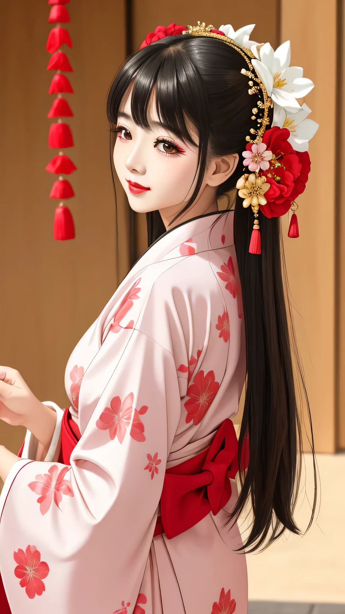 Standing back to back, I close my eyes in shame、Each has a different expression2People and sisters、(2 girls)、⦅Dancing traditional performing arts gracefully)、((big breasts、small face、not exposed))、highest quality、masterpiece、(black hair、Bun Hair)、brown eyes、⦅wide angle、Angle from above, from the waist up、A dynamic pause on a magazine cover、Each person has a different perspective when looking into the distance⦆、(8K high quality、masterpiece、High resolution、Realistic and beautiful light and shadow、(highest quality)、(high resolution)、(very delicate and beautiful)、(beautiful 8k face)、(Close your eyes while smiling、Beautiful eyes)、(Transparent skin)、(soft hair)、(8head and body)、(Japanese-style yukata kimono with pink and orange floral patterns on a white background, mixed with gold powder、wearing a yukata2Japanese beautiful girl)、((tanabata decoration background))、((small face))、(arms up)、thin and small nose、(red lipstick)、(make cheeks red)、(Glossy skin)、((Ink painting style))、extremely thin eyebrows、Overall super high quality、(She wears maiko-style makeup)、Whitening、long and beautiful eyelashes、Glossy skin、(red cheeks),straight nose、masterpiece、highest quality、whole body、 eyebrows visible through hair、Bun Hair、grin、gal、Kogal、Fashionable、woman、fine、Pause、
Waiting to start