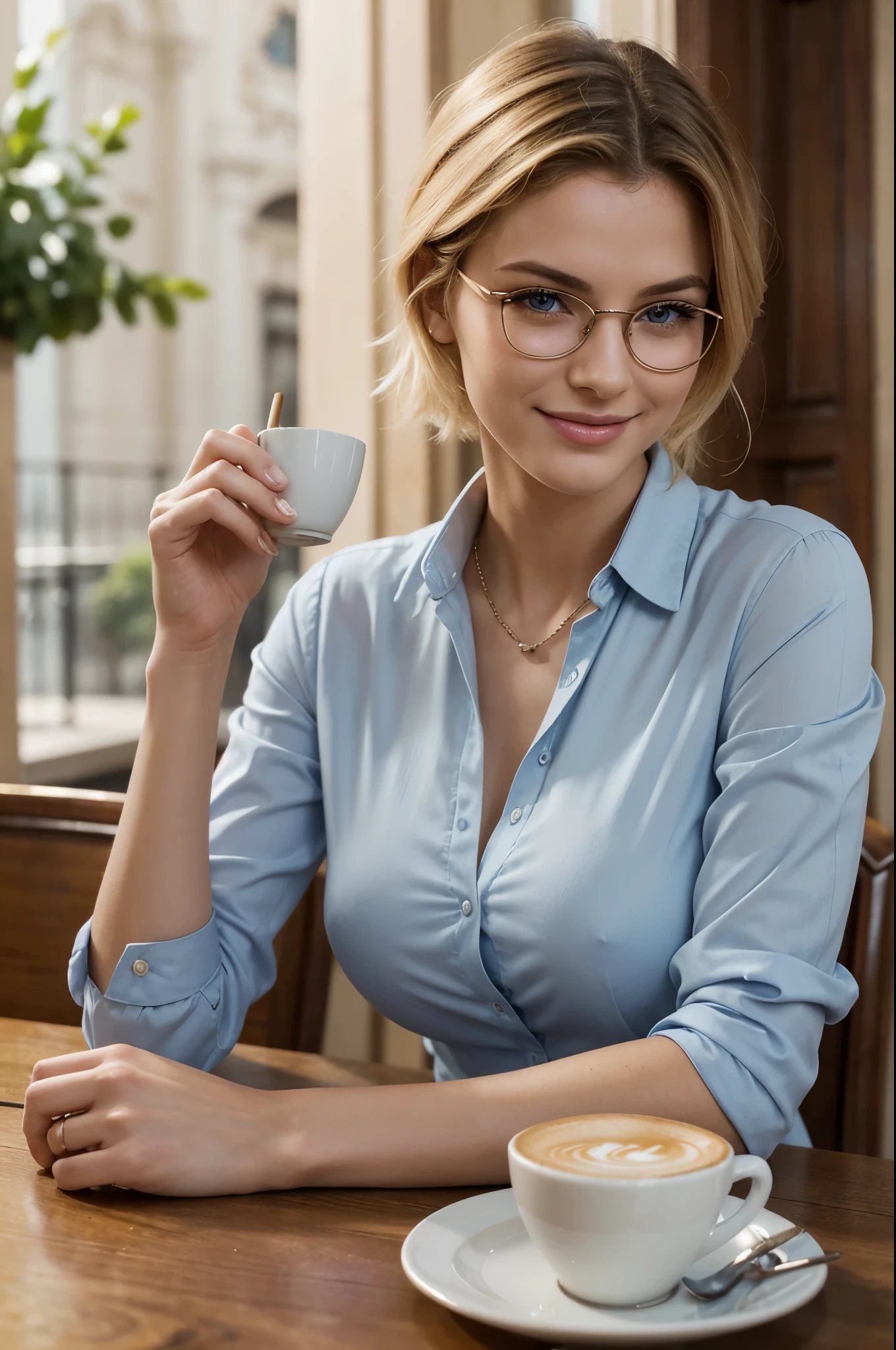 masterpiece, best quality, extremely detailed, hyperrealistic, photorealistic, a beautiful 20s french model, in luxurious cafe, sitting at table with a coffee cup:1.2, light blue shirt:1.2, ultra detailed face, short hair, blonde hair, pale skin, busty breasts, smiling, glasses, perfect hands, perfect fingers