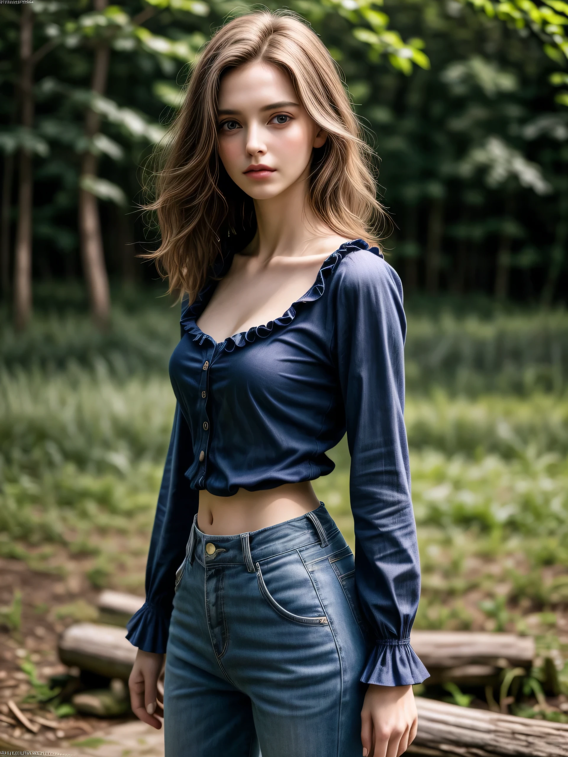 (Masterpiece, best quality, photorealistic, highres, photography:1.3), close-up portrait, sharp focus, 1 brunette girls, European fashion models, flawless skin, slim feminine appearance, flat abdomen, slender abs, cleavage, messy long hair, delicate sexy face, allure look, ((stylish outfit, long-sleeved ruffle button-down blouse, baggy pants, cap)), outdoor fashion photoshoot, ((realistic, ultra realistic, realism, realistic detail))