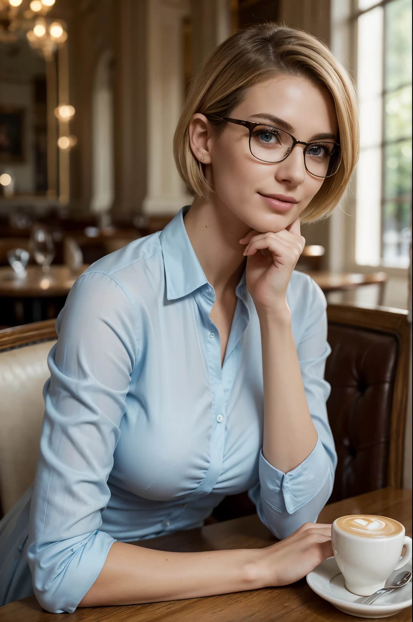masterpiece, best quality, extremely detailed, hyperrealistic, photorealistic, a beautiful 20s french model, in luxurious cafe, sitting at table with a coffee cup:1.2, light blue shirt:1.2, ultra detailed face, short hair, blonde hair, pale skin, busty breasts, smiling, glasses, perfect hands, perfect fingers