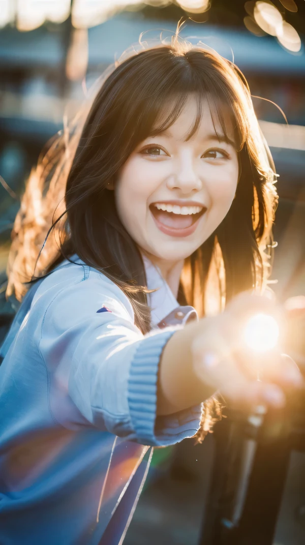 (8K, highest quality, masterpiece: 1.2), Super detailed, super resolution, a beautiful girl, pointing at viewer, (huge Laughing:1.1), (open mouth:1.1), (wide open eyes:1.2), sun glare, blurry background,