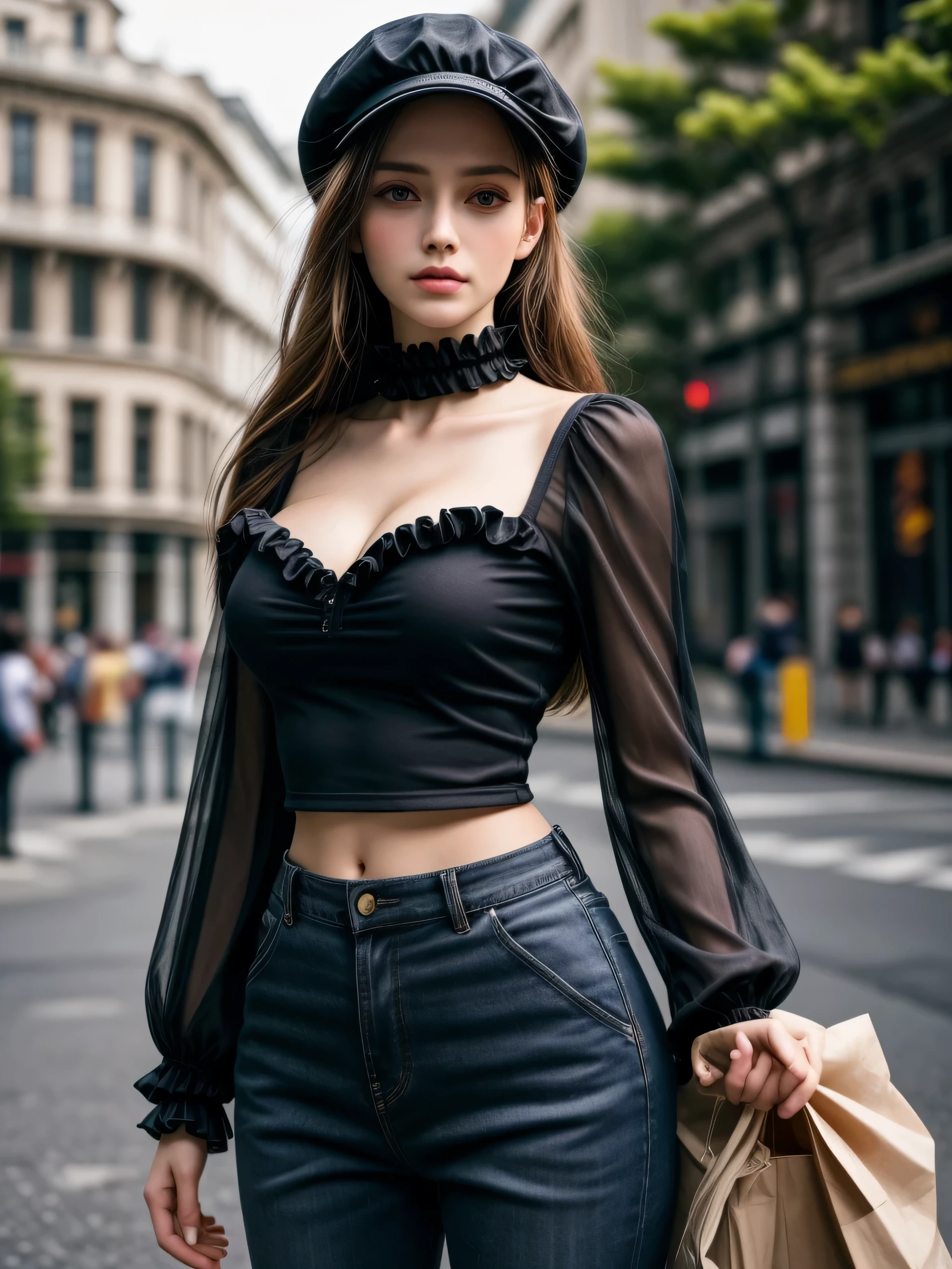 (Masterpiece, best quality, photorealistic, highres, photography:1.3), close-up portrait, sharp focus, 2 brunette twin girls, European fashion models, flawless skin, slim feminine appearance, flat abdomen, slender abs, cleavage, messy long hair, delicate sexy face, allure look, ((stylish outfit, longsleeve ruffle blouse, baggy pants, cap)), outdoor fashion photoshoot, ((realistic, ultra realistic, realism, realistic detail))