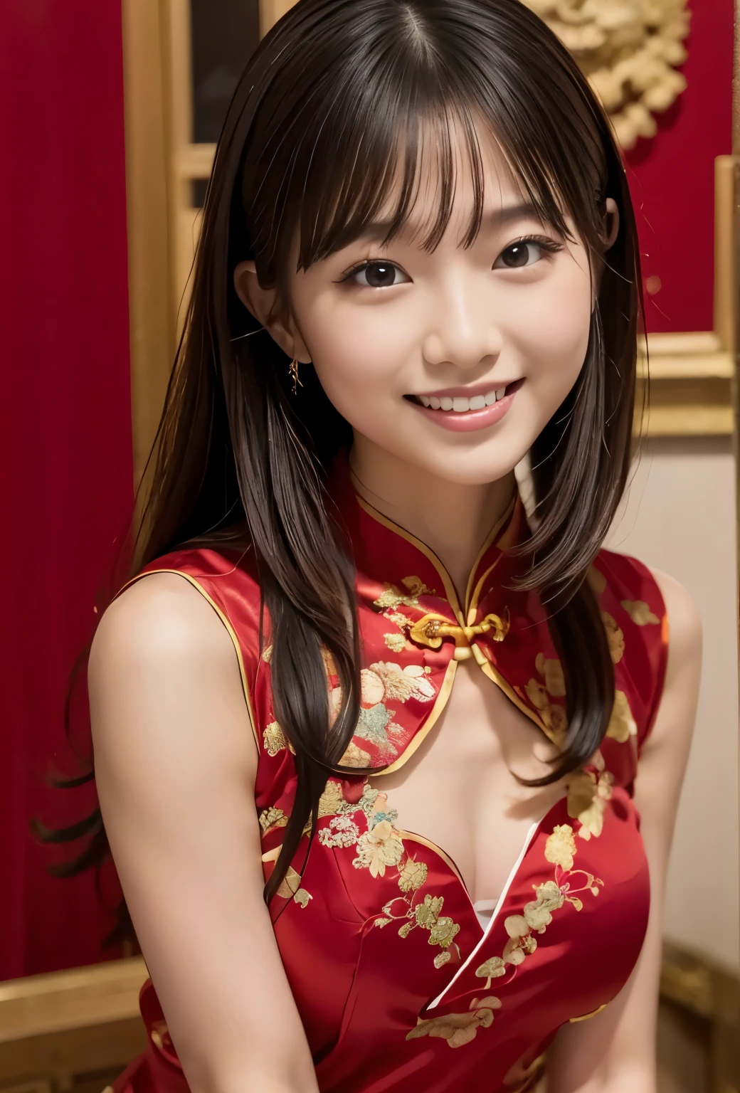(((red room:1.3, indoor, Photographed from the front))), ((long hair:1.3,black cheongsam clothing,japanese woman,Smile,cute)), (clean, natural makeup), (highest quality, masterpiece:1.3, 超High resolution), (Super detailed, caustics), (realistic:1.4, RAW shooting), very detailed, High resolution, 16K resolution