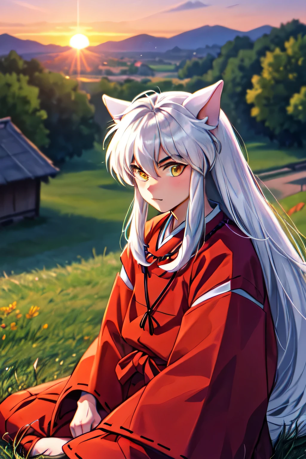 （of a guy），inuyasha，（（The upper part of the body，head turned to the side）），The background is the village，Sunset，Sit on grass