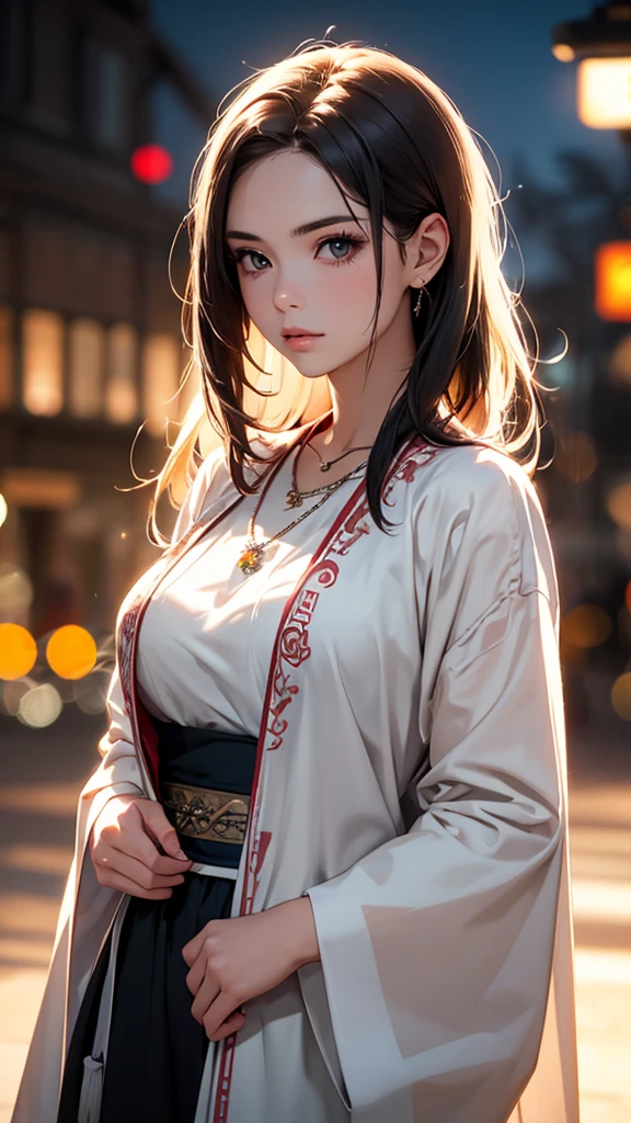 best quality, masterpiece, High resolution, a girl, Hanfu, necklace, jewelry, pretty face, big breasts, more than_Body, Tyndall effect, lifelike, dark studio, edge lighting, two-tone lighting, (HD skin: 1.2), 8K Ultra HD, SLR camera, soft light, high quality, Volumetric lighting, frank, photography, High resolution, 4K, 8K, Bokeh,