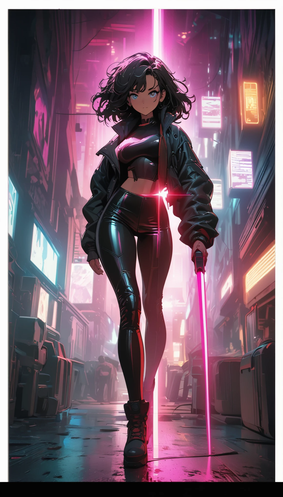 cyberpunk style,Tight leather girl,Fight with a laser sword,Beautiful,Glowing special effects,celluloid style,Flat coating,HD,CG art,comics,8K,looking into camera,high quality,illustration,Vaporwave style,rim light,movie lighting,Super detailed,complex,OC renderer,cinematic perspective,high resolution