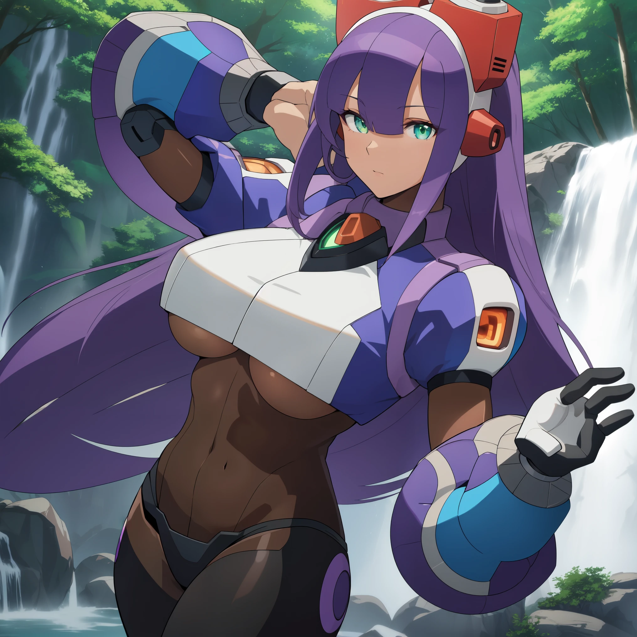 layer_megamanx, 1girl, solo, long hair, purple hair, green eyes, blunt bangs, hair over eyes, large breasts, dark skin, dark-skinned female, android, underboob, robot ears, high quality, masterpiece, in a dark forest looking out at a waterfall, in the style of ultra detailed, dark cyan and light bronze, eye-catching tags, physically based rendering, depictions of inclement weather, heavy shading, landscape inspirations
