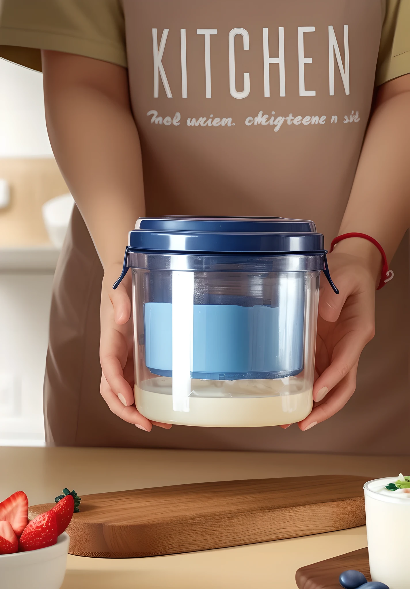 In this image, a clear plastic yogurt maker labeled "QUICK MIZUKIRI YOGURT" is placed on a wooden cutting board. The inside of the container was filled with a translucent liquid and a white solid. It was speculated that the liquid was water and the solid was yogurt. The container has a simple design, in clear and navy blue tones, and comes with an easy-open lid. The wooden cutting board is sturdy and has a dark brown natural wood grain. On one side of the cutting board is a small dollop of yogurt and a small wooden spoon. The background is blurred, showing sliced strawberries and an empty bowl on the table. The overall tone is warm, the light is natural, and the composition is balanced, conveying a comfortable feeling of home-made healthy food. This scene may also imply a simple, convenient and healthy lifestyle.
