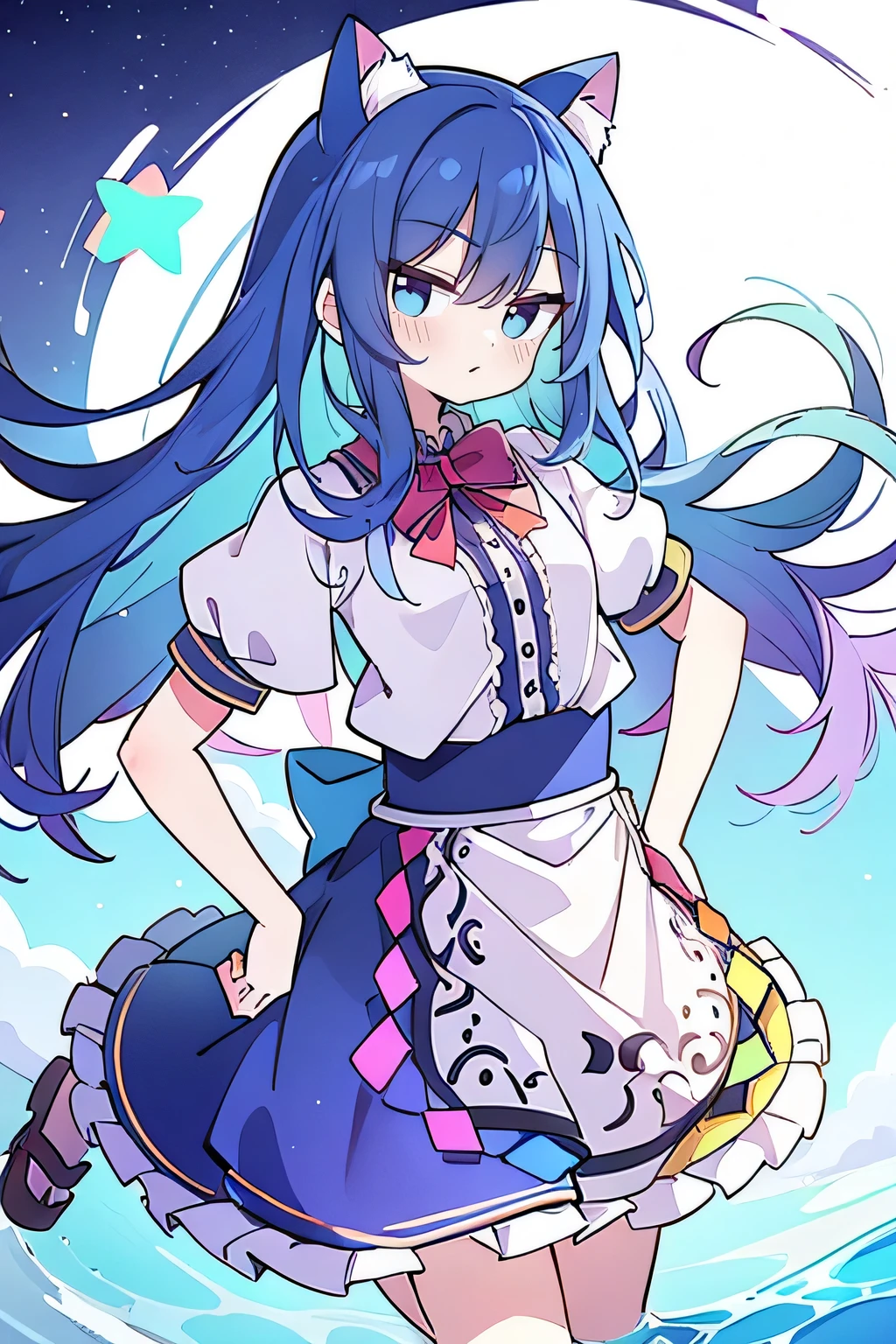 (masterpiece),best quality, expressive eyes, perfect face, 1girl,
Put your hands on your waist,fair, Gorgeous,Japanese cartoons,girl,lola,Hina Angel, blue hair, blue haired, floating clothes,Grab your waist, Grab your waist, hands on hips , hands on hips,sit, sit on ground, Legs on the ground, flat chest,starry sky,cat ear,