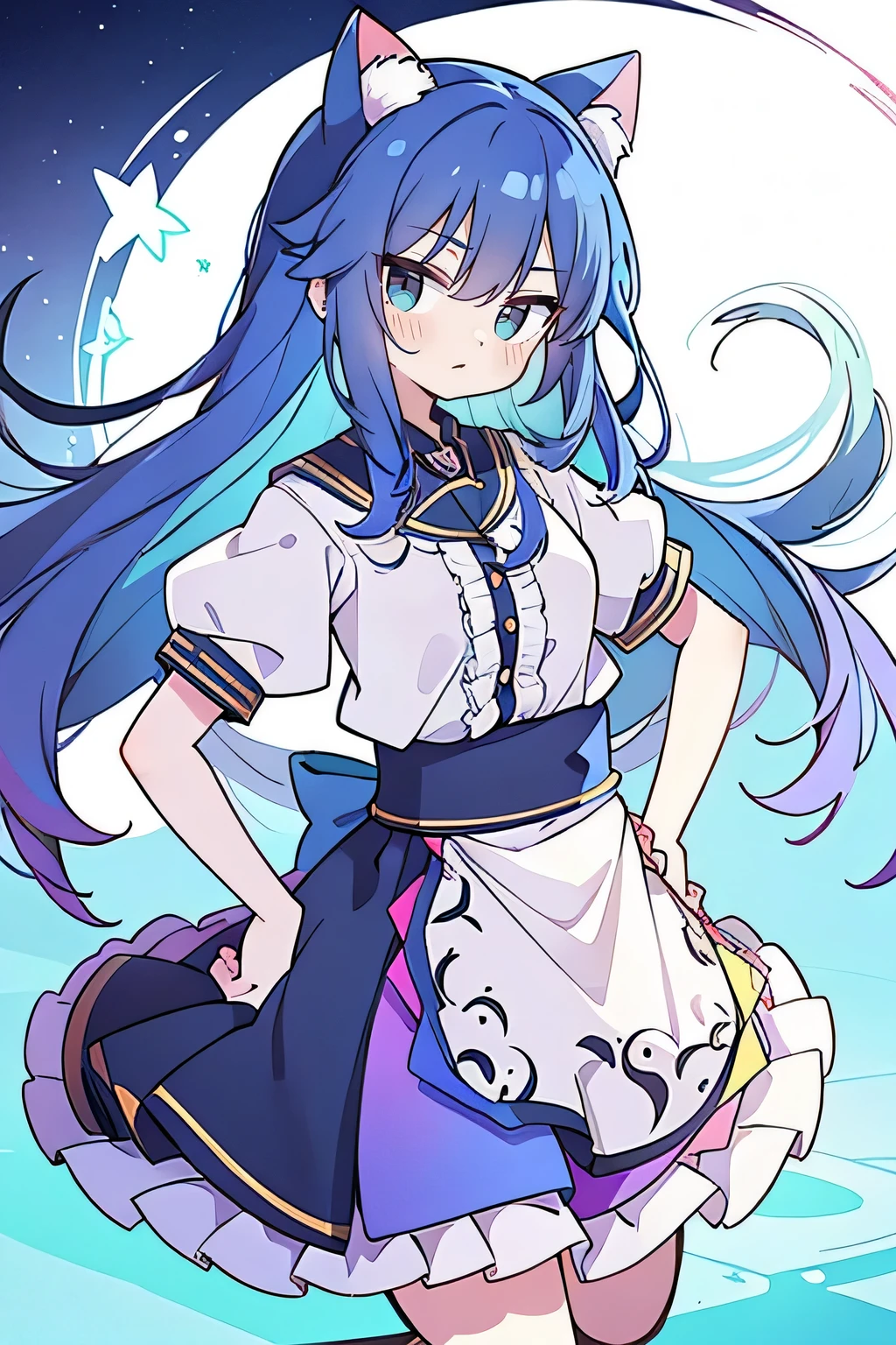 (masterpiece),best quality, expressive eyes, perfect face, 1girl,
Put your hands on your waist,fair, Gorgeous,Japanese cartoons,girl,lola,Hina Angel, blue hair, blue haired, floating clothes,Grab your waist, Grab your waist, hands on hips , hands on hips,sit, sit on ground, Legs on the ground, flat chest,starry sky,cat ear,