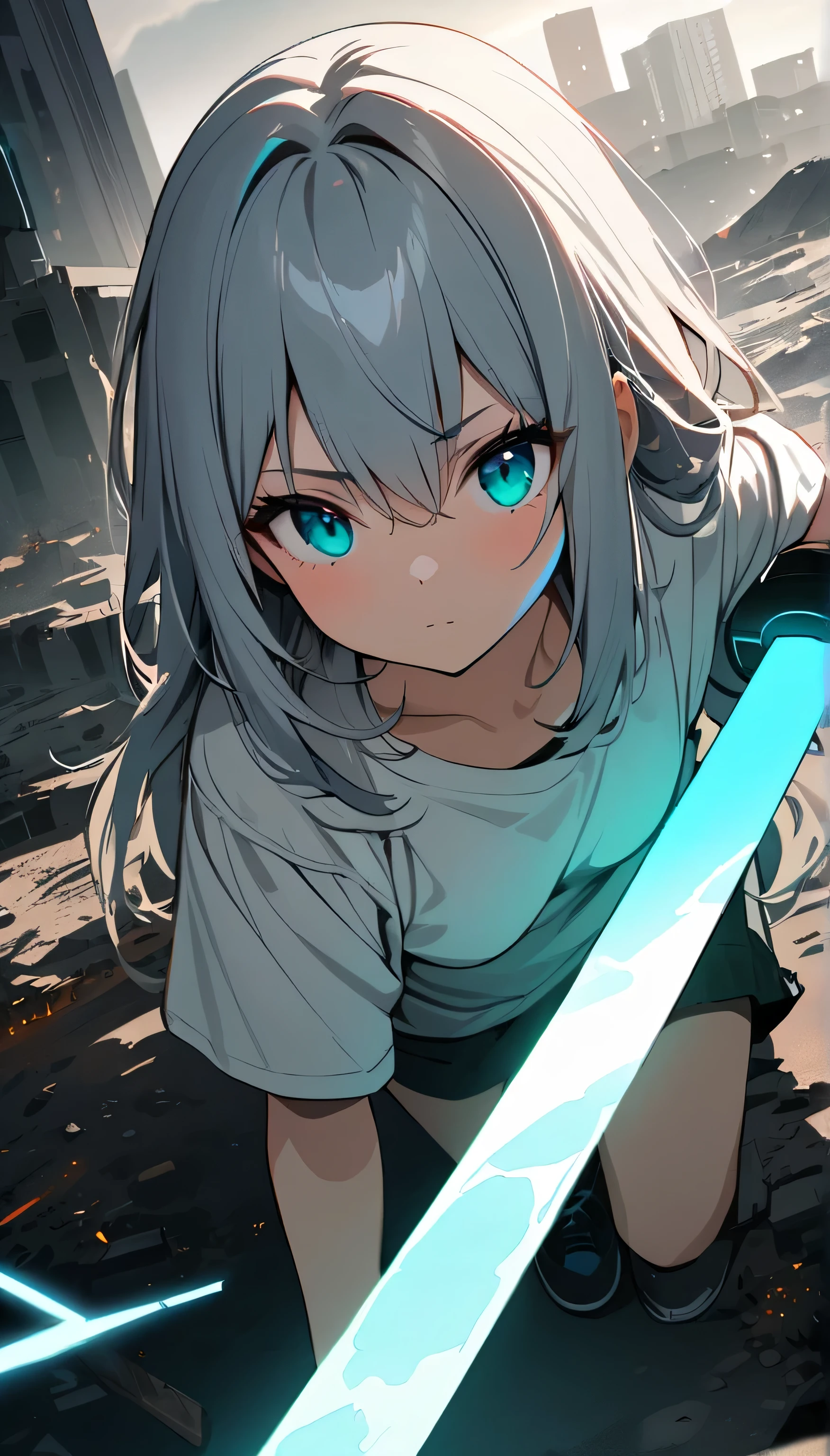 Resolution full, best quality, masterpiece, full HD, beautifull girl, foggy theme, super detailed, 1girl, cute girl, long hair, silver hair, detailed beautiful Aqua eyes, white T - shirt oversized, in wasteland, in burning city, holding glowing sword, shadows surroundings girl, has a lighting power