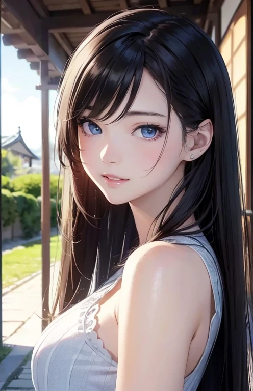 8K picture quality、top-quality、masutepiece、An ultra-high picture quality、ultra-detailliert、Ultra-realistic hair quality、Vibrant colors、Beautuful Women、Beautiful long hair、Shiny hair、detailed hairs、Blue Mesh、poneyTail、Blue eyes、shinny skin、Lace underwear、One mole on the chest、large pectoral muscles、Very gigantic-breasts、Sweat on the forehead and cheeks、extremely big ass、Fluffy off-shoulder yukata、A smile、soft pink lips、Ultra-realistic flesh feeling、Red cheeks、summer festival in background