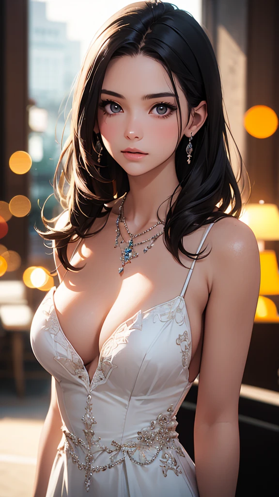 best quality, masterpiece, High resolution, a girl, Wedding dress, necklace, jewelry, pretty face, big breasts, more than_Body, Tyndall effect, lifelike, dark studio, edge lighting, two-tone lighting, (HD skin: 1.2), 8K Ultra HD, SLR camera, soft light, high quality, Volumetric lighting, frank, photography, High resolution, 4K, 8K, Bokeh,