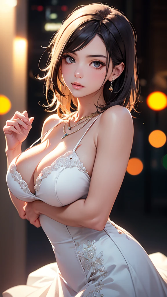 best quality, masterpiece, High resolution, a girl, Wedding dress, necklace, jewelry, pretty face, big breasts, more than_Body, Tyndall effect, lifelike, dark studio, edge lighting, two-tone lighting, (HD skin: 1.2), 8K Ultra HD, SLR camera, soft light, high quality, Volumetric lighting, frank, photography, High resolution, 4K, 8K, Bokeh,