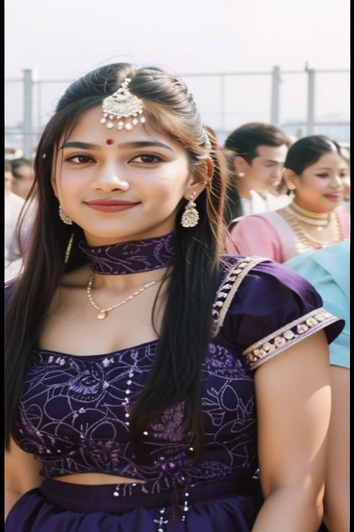 a close up of a woman in a purple dress with a crowd of people, very very low quality picture, around 1 , candid picture, low quality photograph, taken in the late 2000s, very beautiful girl, indian, taken in the mid 2000s, traditional beauty, old picture, with a beautifull smile, innocent look