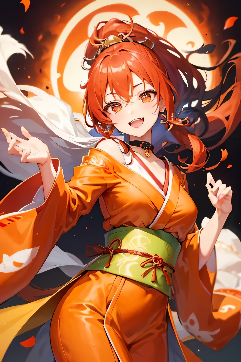 Beautiful woman with orange and brown ponytail、Eyes are yellow、shining brightly、one person、full of confidence々expression、evil smile、mouth open、The wind is blowing、Oiran、red kimono、Sheryl Nome、choker、Warm background、petals dance、Cool and bold pose、Exposure is modest