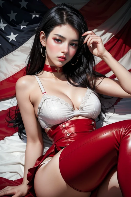 Lay down on top of a flag of the United States, is Beautiful woman in red stockings, and white leather basque, beautiful black hair, gorgeous young model, beautiful woman, beautiful young woman, a gorgeous, very pretty model.