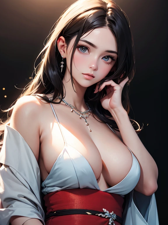 best quality, masterpiece, High resolution, a girl, kimono, necklace, jewelry, pretty face, big breasts, more than_Body, Tyndall effect, lifelike, dark studio, edge lighting, two-tone lighting, (HD skin: 1.2), 8K Ultra HD, SLR camera, soft light, high quality, Volumetric lighting, frank, photography, High resolution, 4K, 8K, Bokeh,