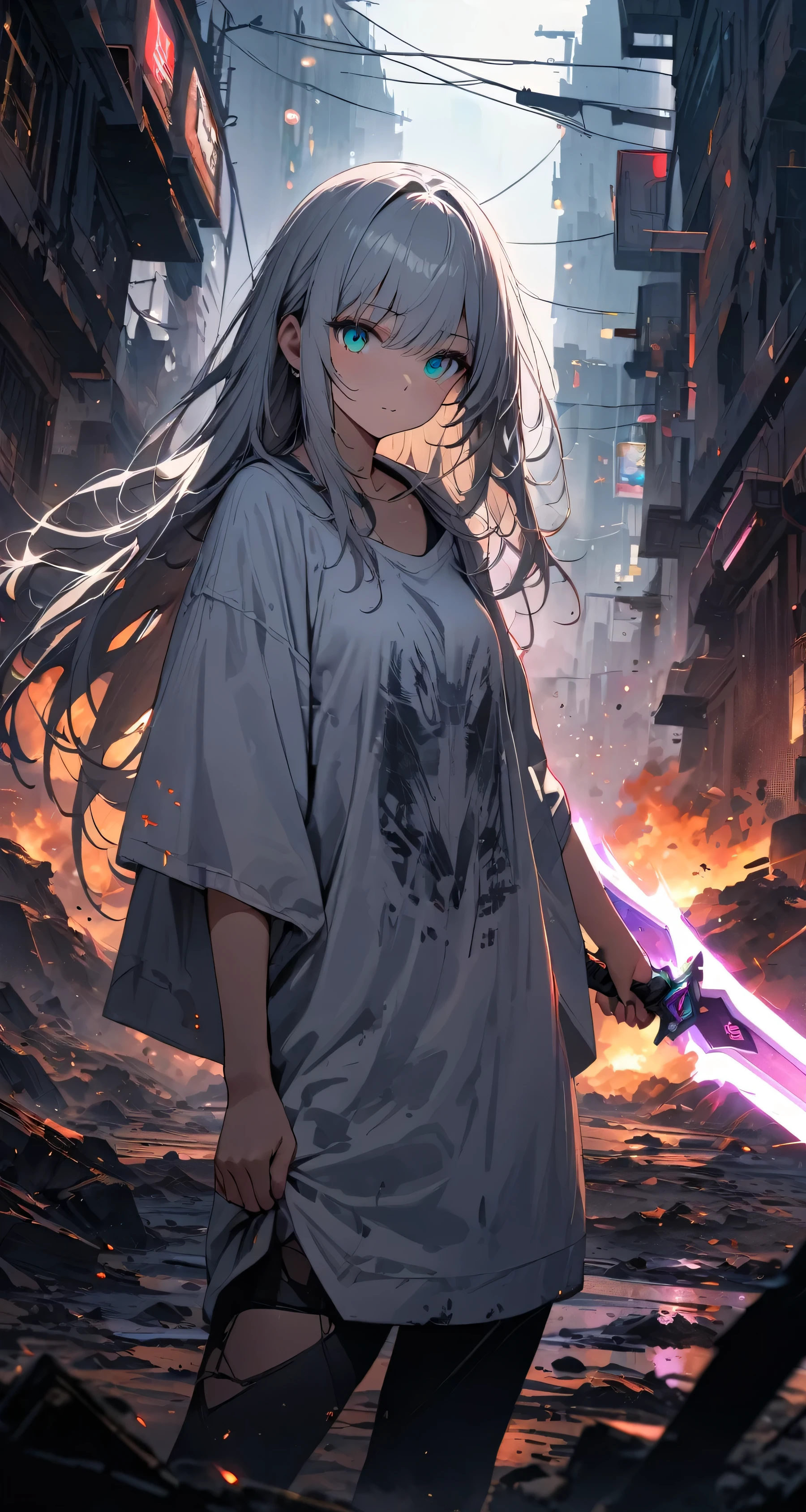 Resolution full, best quality, masterpiece, full HD, beautifull girl, foggy theme, super detailed, 1girl, cute girl, long hair, silver hair, detailed beautiful Aqua eyes, white T - shirt oversized, in wasteland, in burning city, holding glowing sword, shadows surroundings girl, has a lighting power