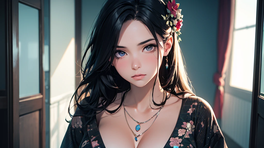 best quality, masterpiece, High resolution, a girl, kimono, necklace, jewelry, pretty face, big breasts, more than_Body, Tyndall effect, lifelike, dark studio, edge lighting, two-tone lighting, (HD skin: 1.2), 8K Ultra HD, SLR camera, soft light, high quality, Volumetric lighting, frank, photography, High resolution, 4K, 8K, Bokeh,