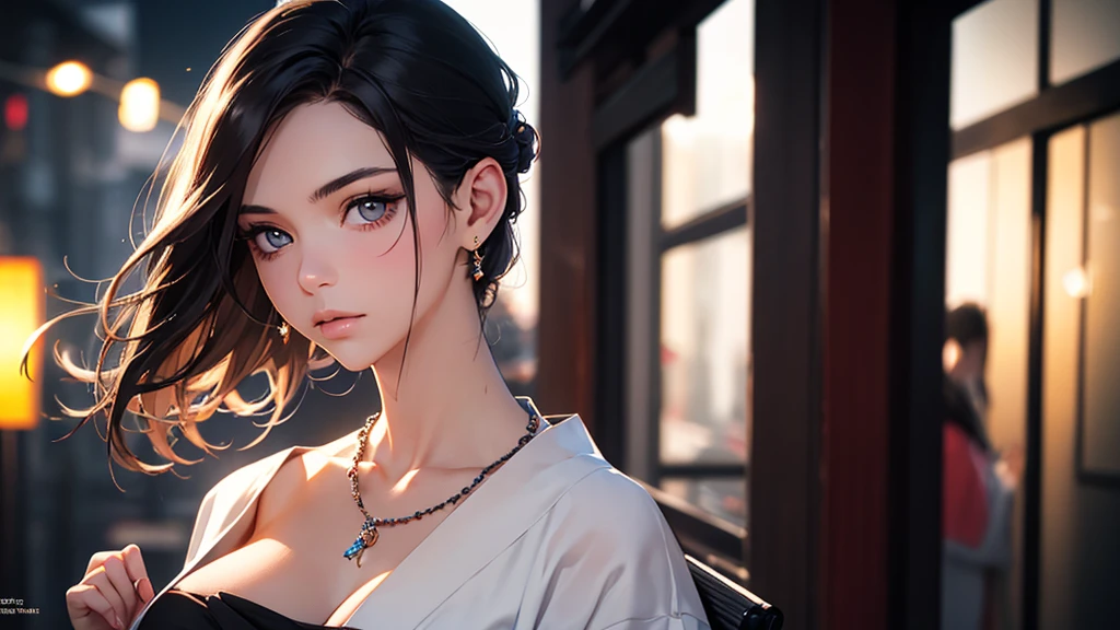 best quality, masterpiece, High resolution, a girl, kimono, necklace, jewelry, pretty face, big breasts, more than_Body, Tyndall effect, lifelike, dark studio, edge lighting, two-tone lighting, (HD skin: 1.2), 8K Ultra HD, SLR camera, soft light, high quality, Volumetric lighting, frank, photography, High resolution, 4K, 8K, Bokeh,