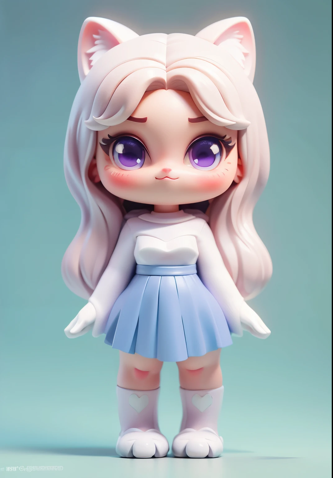 ((Whole body diagram，stand posture)))，(tmasterpiece:1,2, cat-like mouth, Pale color background，Deep purple eyeest quality, tmasterpiece, studio lit,(The content is very detailed CG:1.2), 8K, 3D style, blue skirts)), Very beautiful and cute catwoman, adorable digital art ,Chibi,3Drenderingof, c4d, popular toys, A blind box toy, Disney  style