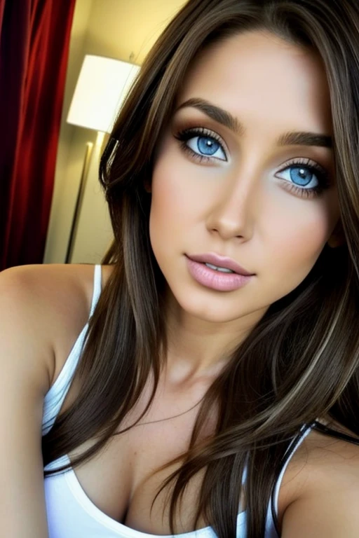 Una chica muy sexy, long light brown hair, ojos azul claro, ,muy sexy y realista , cuerpo entero , esta parada ,lleva puesto un body color blanco y medias red color negra .lenceria muy sexy .esta mirandose al espejo.que tiene en la habitacion del hotel