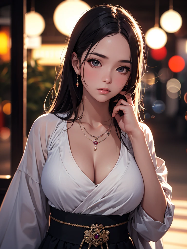 best quality, masterpiece, High resolution, a girl, Hanbok, necklace, jewelry, pretty face, big breasts, more than_Body, Tyndall effect, lifelike, dark studio, edge lighting, two-tone lighting, (HD skin: 1.2), 8K Ultra HD, SLR camera, soft light, high quality, Volumetric lighting, frank, photography, High resolution, 4K, 8K, Bokeh,