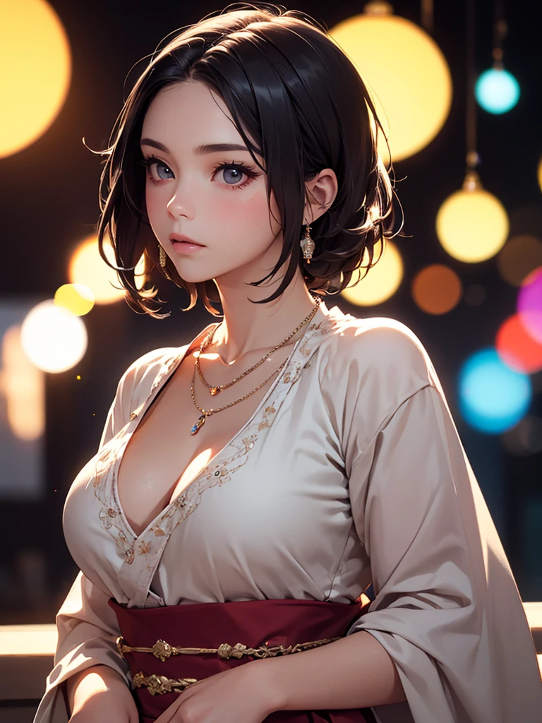 best quality, masterpiece, High resolution, a girl, Japanese wedding, necklace, jewelry, pretty face, big breasts, more than_Body, Tyndall effect, lifelike, dark studio, edge lighting, two-tone lighting, (HD skin: 1.2), 8K Ultra HD, SLR camera, soft light, high quality, Volumetric lighting, frank, photography, High resolution, 4K, 8K, Bokeh,