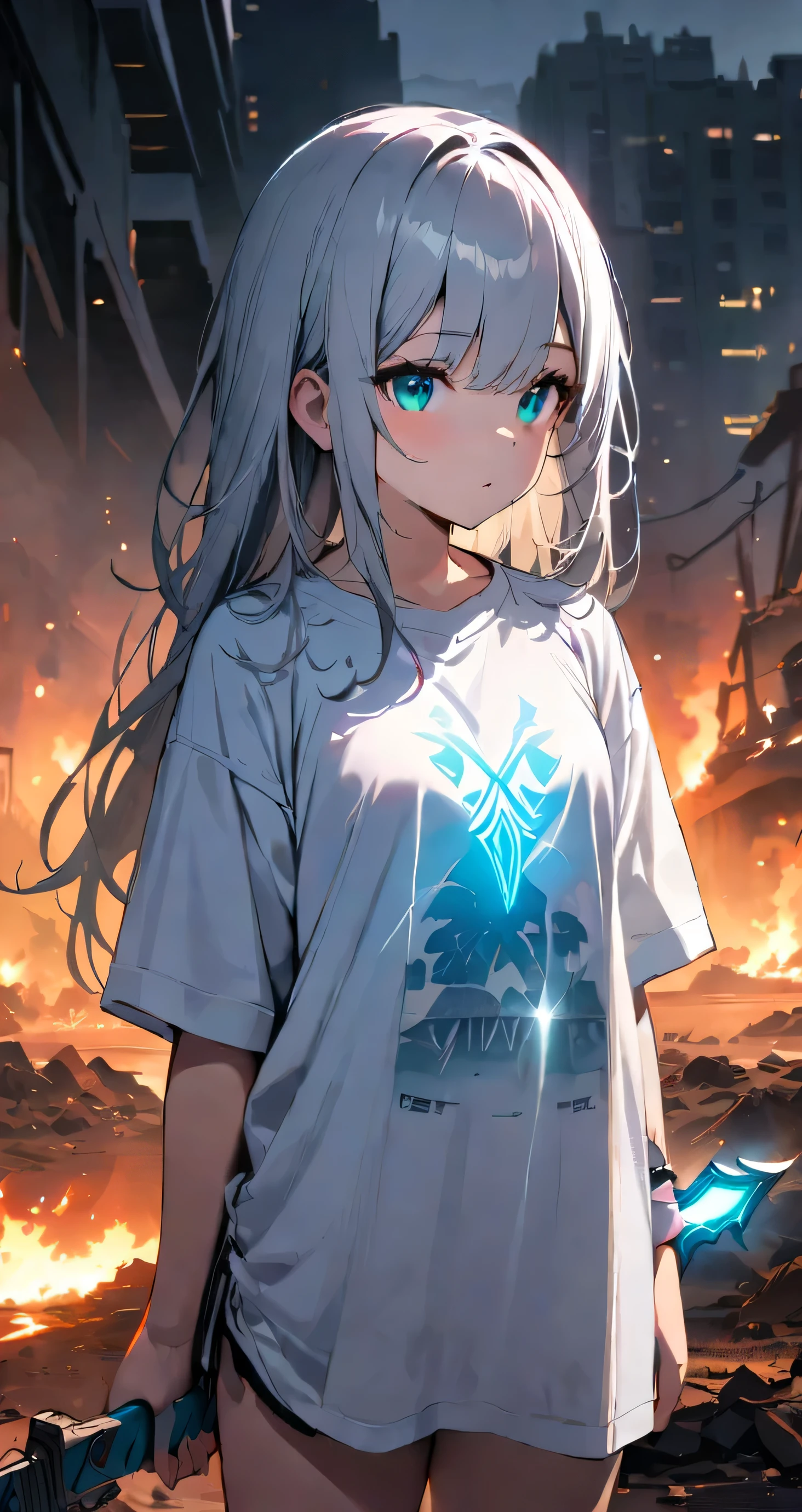 Resolution full, best quality, masterpiece, full HD, beautifull girl, foggy theme, super detailed, 1girl, cute girl, long hair, silver hair, detailed beautiful Aqua eyes, white T - shirt oversized, in wasteland, in burning city, holding glowing sword, shadows surroundings girl, has a lighting power