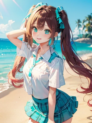 sandy beach、Asahi、big butt、 (alone:1.5,)Super detailed,bright colors, very beautiful detailed anime face and eyes, look straight, ;shiny_skin,girl, ((White long hair,Inner color is red ))、forehead is exposed.、、shiny hair, delicate beautiful face, blush、(turquoise eyes), White skin, Valletta, earrings,、、、Rainbow checked mini skirt、twin tails、cheerful pose、dynamic