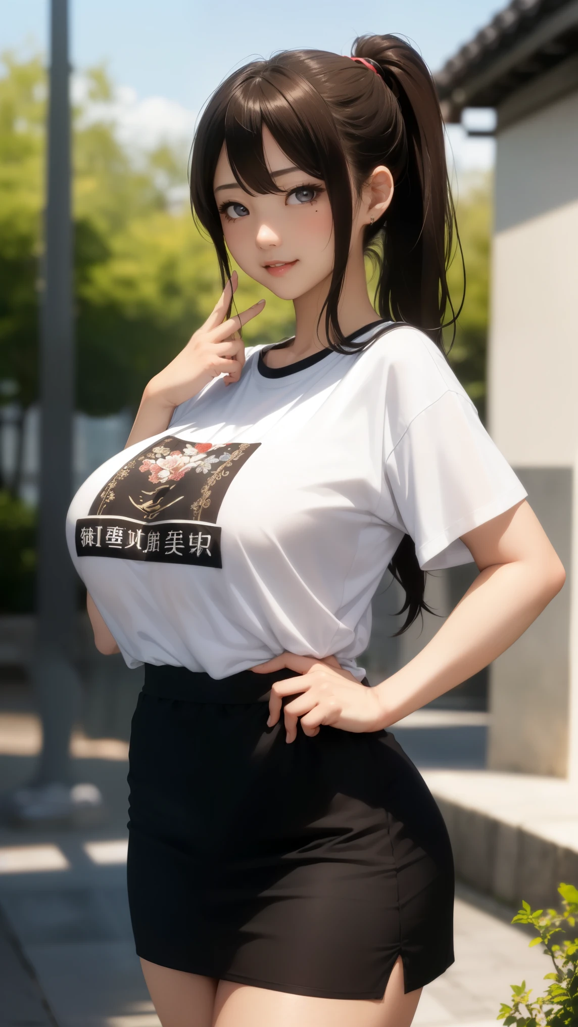 黒いT-shirtを着た日本女性、sit、 ((highest quality)), ((intricate details)), (((超realistic)), absurd solution, law of near and far, very detailed, realistic, 1 girl, ((big breasts)), perfect hands, finger details, beautiful and fine eyes, ponytail, brown eyes,(T-shirt:1.2), Tight Skirt, detailed background, , perfect eyes, enchanting eyes, look at the camera, from the front、laughter、Mole around the mouth、thighs、((whole body:1.3))
