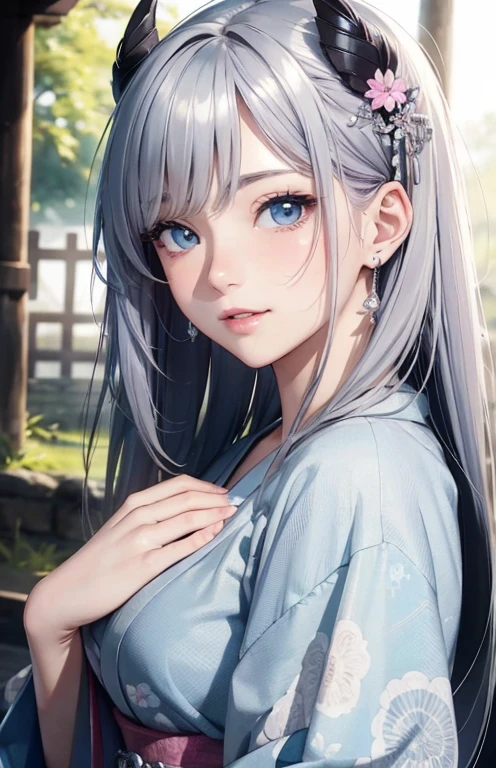 masterpiece、highest quality、High resolution、high quality images、8K, 1 female、skin luster、Texture of skin and clothing、Expression of fine eyes、shiny silver hair,long hair girl, Manga inspired by Lee Jong-suk, trending on deviantart, realism, detailed manga style, manga art style, perfect line drawing, beautiful line drawing, digital manga art girl, K-POPアイドル, dress, beautiful light blue eyes, plump lips, detailed gorgeous face, (cute smile), charm, innocent, Side view, (perfectly detailed face), (fine hands) photorealistic images, Depth of written boundary, half up hairstyle, kimono,Japan,The beauty of being in the background of an ancient city