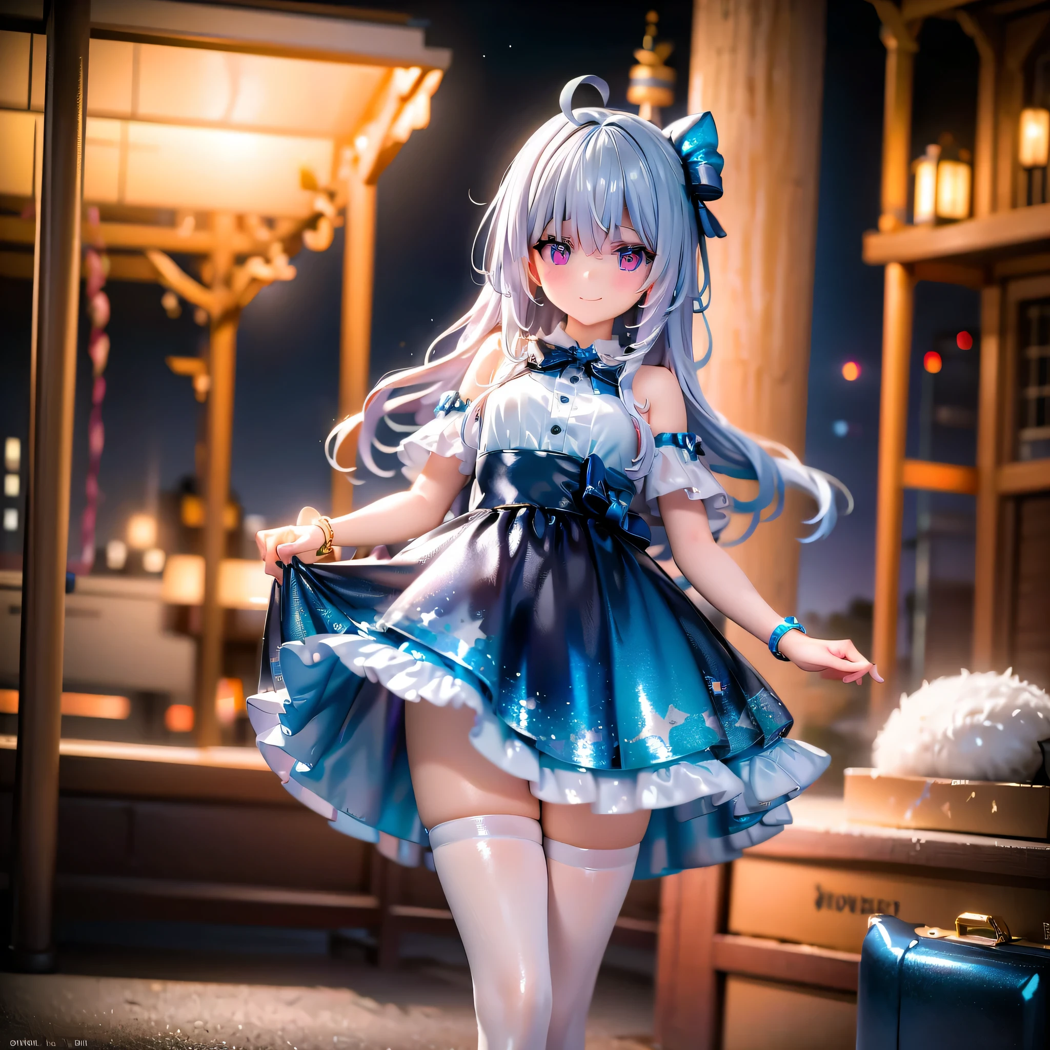 A girl hugging a stuffed animal at a space amusement park:.A space amusement park decorated with colorful lights and stars, An holds a large stuffed toy in her arms. She wears a dreamy blue dress decorated with star-shaped lace and ribbons。. The black tights are decorated with a shiny floral pattern., And on her feet are shoes with silver glitter.. The girl is smiling shyly, And behind her is an infinite universe, Stars are twinkling around her. A scene capturing a fantastic moment where dreams and reality intersect