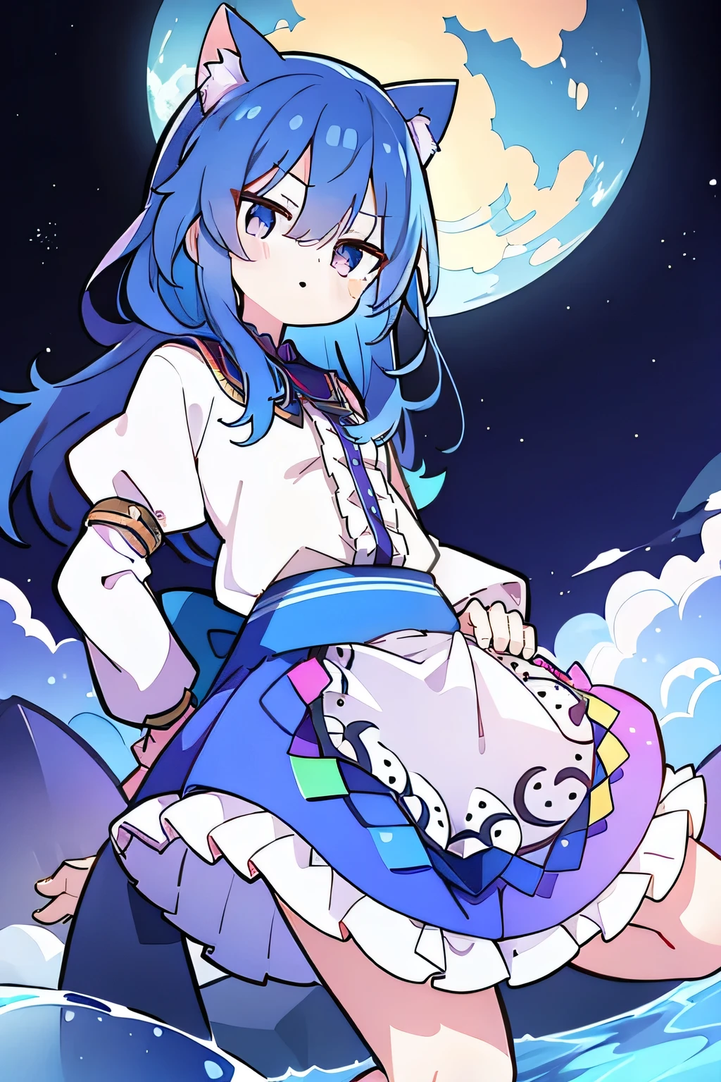(masterpiece),best quality, expressive eyes, perfect face, 1girl,
 Put your hands on your waist,fair, Gorgeous,Japanese cartoons,girl,lola,Hina Angel, blue hair, blue haired, floating clothes,Grab your waist, Grab your waist, hands on hips , hands on hips,sit, sit on ground, Legs on the ground, flat chest,starry sky,cat ear,