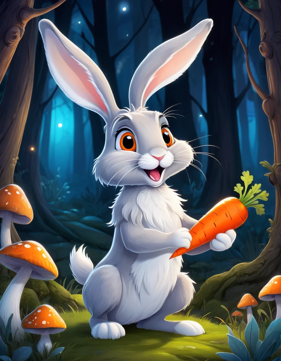 A grey and white hare with orange carrot in his hand, fable character in American animated cartoon style, vibrant color, ultrasharp and crisp illustration, with longer ears, looking surprised, in an enchanted forest background with magical glowing mushrooms, with fluffy fur
