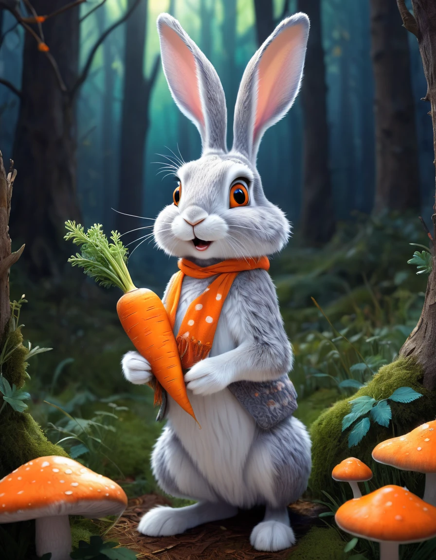 A grey and white hare with orange carrot in his hand, fable character in American animated cartoon style, vibrant color, ultrasharp and crisp illustration, with longer ears, looking surprised, in an enchanted forest background with magical glowing mushrooms, with fluffy fur
